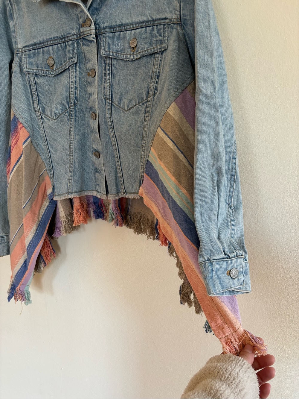 Free People Light Wash Denim Jacket with Pastel Fringe Panels - Picture 4 of 8